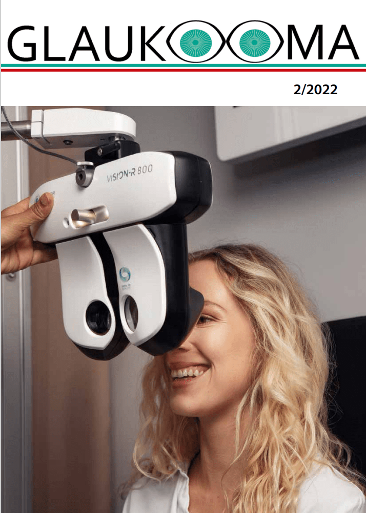 Glaukooma-lehden 2/2022 kansi, jossa kuvassa vaaleahiuksinen nuori nainen hymyilee ja katsoo silmäntutkimuslaitteen takana.